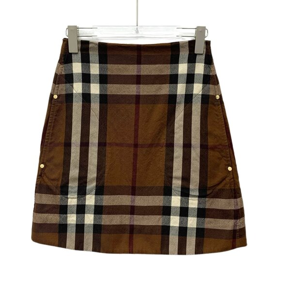 BURBERRY LONDON Classic Nova Check Mini Skirt Brown Plaid Wool Size 2/36 Gold Bu - Picture 1 of 6